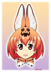 Rule 34 | 10s, 1girl, :d, alternate hair color, animal ears, bow, bowtie, gradient background, halloween, jack-o&#039;-lantern, kemono friends, kouda tomohiro, looking at viewer, official style, open mouth, portrait, red eyes, red hair, serval (kemono friends), serval print, short hair, smile, solo, twitter username