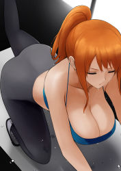 Rule 34 | 1girl, absurdres, all fours, amemuchizakuro, ass, bare shoulders, breasts, cleavage, closed eyes, collarbone, dripping, exercising, from above, highres, large breasts, leg lift, midriff, nami (one piece), one piece, orange hair, pants, ponytail, sidelocks, sports bra, stretching, sweat, tank top, two-tone sports bra, window, yoga mat, yoga pants