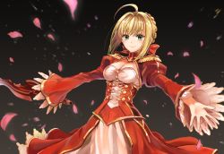 Rule 34 | 10s, 1girl, ahoge, black background, blonde hair, braid, breasts, cleavage, dress, epaulettes, fate/extra, fate (series), gradient background, green eyes, highres, holding, holding sword, holding weapon, juliet sleeves, long sleeves, looking at viewer, nero claudius (fate), nero claudius (fate) (all), nero claudius (fate/extra), outstretched arms, petals, puffy sleeves, pukara, red dress, skirt, smile, solo, spread arms, sword, underbust, upper body, weapon, white skirt, wide sleeves