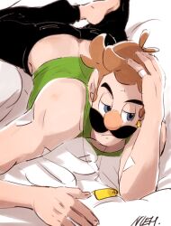 Rule 34 | 1boy, barefoot, black pants, blue eyes, butt crack, commentary, commentary request, dog tags, english commentary, facial hair, green tank top, hand in own hair, looking to the side, luigi, lying, male focus, mario (series), mixed-language commentary, mustache, nintendo, nowitsevenhotter, on stomach, pants, solo, tank top