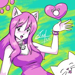 Rule 34 | 1girl, 2022, 20s, animal, animal ears, bell, blush, bracelet, breasts, cat, cat ears, cat girl, collar, dress, green background, heart, heart bracelet, jewelry, large breasts, long hair, looking at viewer, open mouth, paw print, pink dress, pink eyes, pink hair, samael iii, sleeveless, sleeveless dress, smile, two-tone background, white fur, yellow background