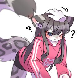 Rule 34 | 1girl, 2022, animal ear fluff, bent over, blue eyes, blush, disembodied hand, embarrassed, furry, furry female, gray fur, grey hair, grey shorts, headpat, highres, long hair, nachiwanko, one eye closed, pink sweater, question mark, shorts, snow leopard, sweater, white background