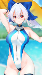 Rule 34 | 1girl, absurdres, adapted costume, arms up, beach, blue bow, blue sky, blurry, bow, breasts, breasts apart, c@rbon, cloud, competition swimsuit, contrapposto, cowboy shot, day, depth of field, fate/grand order, fate (series), front zipper swimsuit, hair bow, highleg, highleg swimsuit, highres, long hair, looking at viewer, meme attire, ocean, one-piece swimsuit, outdoors, ponytail, red eyes, sky, solo, standing, swimsuit, thighhighs, tomoe gozen (fate), tomoe gozen (swimsuit saber) (fate), tomoe gozen (swimsuit saber) (first ascension) (fate), turtleneck, turtleneck one-piece swimsuit, white hair, yellow towel