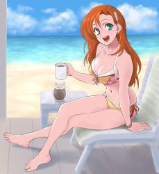 Rule 34 | 1girl, :d, arm support, barefoot, beach, beach chair, bikini, breasts, cliana rimskaya, cloud, coffee, cup, day, feather hair ornament, feathers, feet, full body, green eyes, feather hair ornament, highres, holding, holding cup, large breasts, crossed legs, long hair, looking at viewer, mug, navel, ocean, open mouth, orange hair, shingyou (alexander-13), side-tie bikini bottom, sitting, sky, smile, solo, super robot wars, super robot wars destiny, swimsuit, toes, wet, yellow bikini