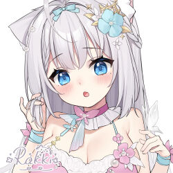 Rule 34 | 1girl, :o, ahoge, animal ear fluff, animal ears, artist name, bare shoulders, blue eyes, blush, bow, braid, breasts, butterfly, butterfly on hand, cat ears, character request, cleavage, close-up, collar, copyright request, detached collar, dress, eyelashes, fang, flower, flower dress, french braid, frilled collar, frills, grey hair, hair between eyes, hair bow, hair flower, hair ornament, twirling hair, hand in own hair, hands up, head tilt, large breasts, lenka1264504528, long hair, mole, mole under eye, open mouth, simple background, skin fang, sleeveless, sleeveless dress, solo, spaghetti strap, upper body, virtual youtuber, white background, white collar, white eyes, wrist flower, wristband