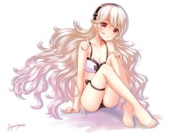 Rule 34 | 1girl, barefoot, bikini, black hairband, breasts, cleavage, closed mouth, corrin (female) (fire emblem), corrin (fire emblem), feet, fire emblem, fire emblem fates, fire emblem heroes, full body, hairband, highres, knees up, long hair, md5 mismatch, medium breasts, nintendo, pointy ears, red eyes, resolution mismatch, signature, simple background, sitting, smile, solo, source smaller, swimsuit, toes, white background, white hair, yuyumi (yuurei)