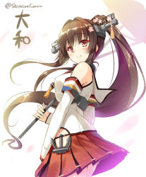 Rule 34 | 10s, 1girl, bare shoulders, brown eyes, brown hair, character name, detached sleeves, flower, hair flower, hair ornament, hip vent, holding, huyukaaki, kantai collection, long hair, pink flower, pleated skirt, ponytail, red skirt, skirt, smile, solo, twitter username, very long hair, white background, yamato (kancolle)