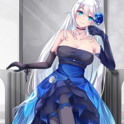 Rule 34 | 1girl, asymmetrical gloves, bare shoulders, black choker, black dress, black gloves, blue eyes, blue flower, blue rose, blush, choker, closed mouth, collarbone, crossed legs, dress, elbow gloves, flower, gloves, hair between eyes, hair flower, hair ornament, highres, jewelry, leaning to the side, long hair, mismatched gloves, mutang, original, pantyhose, pendant, rose, silver hair, sitting, solo, strapless, strapless dress, throne, very long hair