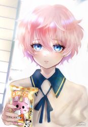 Rule 34 | 1boy, absurdres, akita toushirou, blue eyes, child, food, food wrapper, highres, holding, holding food, looking at viewer, male focus, open mouth, parted lips, pink hair, short hair, solo, teeth, touken ranbu, translation request, white background, zasikirou