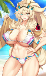 Rule 34 | 1girl, abs, absurdres, barghest (fate), barghest (swimsuit archer) (fate), bikini, blonde hair, blush, breasts, cleavage, collarbone, fate/grand order, fate (series), gluteal fold, hand on own hip, high ponytail, highres, horns, huge breasts, long hair, looking at viewer, muscular, muscular female, navel, nez-box, open mouth, smile, solo, swimsuit, thick thighs, thighs, white bikini