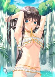 Rule 34 | 1girl, bikini, blue eyes, blush, breasts, brown hair, choker, elf, feet out of frame, frilled bikini, frills, groin, holding, holding own hair, long hair, looking at viewer, medium breasts, mouth hold, navel, original, pointy ears, ribbon, ribbon in mouth, solo, sparkle, swimsuit, toujou mina, tree, underboob, very long hair, water, water drop, white bikini, yellow ribbon