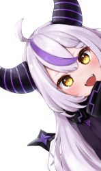 Rule 34 | 1girl, :d, absurdres, ahoge, blush, collar, commentary request, demon horns, highres, hololive, horns, kohe billialot, la+ darknesss, long hair, long sleeves, looking at viewer, metal collar, multicolored hair, open mouth, purple hair, silver hair, simple background, slit pupils, smile, solo, streaked hair, teeth, upper teeth only, virtual youtuber, white background, yellow eyes