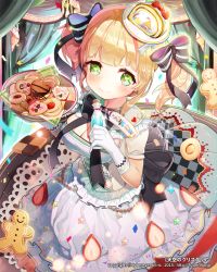 Rule 34 | 10s, 1girl, 2015, bad id, bad pixiv id, black bow, blonde hair, blush, bottle, bow, breasts, cake, cake hat, cleavage, cookie, curtains, dress, food, fruit, gingerbread man, gio (maroon0924), gloves, green eyes, hair bow, hair ornament, hair ribbon, heart, heart-shaped pupils, looking at viewer, official art, original, plate, ribbon, smile, solo, strawberry, symbol-shaped pupils, tenkuu no crystalia, twintails, watermark, white gloves