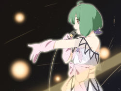 Rule 34 | 1girl, ahoge, bare shoulders, bow, commentary request, cosplay, dress, from side, gloves, green hair, lynn minmay, lynn minmay (cosplay), macross, macross: do you remember love?, macross frontier, microphone, music, official style, outstretched arm, parody, pink bow, ranka lee, red eyes, sakuyamelody, short hair, singing, solo, space