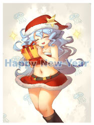 Rule 34 | 1girl, bare shoulders, belt, black belt, black footwear, blue hair, boots, christmas, closed eyes, commentary, crop top, english text, facing viewer, fur-trimmed skirt, fur trim, gift, happy new year, hat, hat ornament, highres, holding, holding gift, jellyfish, knee boots, long hair, messy hair, midriff, miniskirt, navel, new year, open mouth, red hat, red shirt, red skirt, ring dream, sankuma, santa costume, santa hat, shirt, skirt, smile, solo, standing, star (symbol), star hat ornament, strapless, strapless shirt