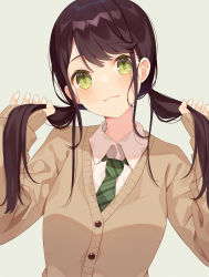Rule 34 | 1girl, :3, black hair, blush, brown cardigan, cardigan, closed mouth, collared shirt, commentary request, diagonal-striped clothes, diagonal-striped necktie, diagonal-striped neckwear, green eyes, green necktie, grey background, hands up, head tilt, highres, holding, holding own hair, long hair, low twintails, minasenagi, necktie, original, shirt, simple background, sleeves past wrists, smile, solo, striped clothes, striped necktie, striped neckwear, twintails, upper body, white shirt