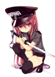 Rule 34 | 1girl, black hat, black skirt, black thighhighs, blush, character name, closed mouth, clothes writing, collared shirt, commentary request, cuffs, full body, grey skirt, hair between eyes, handcuffs, hat, headwear writing, holding, holding sword, holding weapon, katana, kotsu, long hair, necktie, on one knee, peaked cap, pencil skirt, police, police hat, police uniform, policewoman, purple necktie, red eyes, red footwear, red hair, shadow, shakugan no shana, shana, shirt, shoes, short sleeves, skirt, solo, sword, thighhighs, thighs, uniform, v-shaped eyebrows, very long hair, weapon, white background