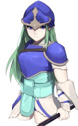 Rule 34 | 1girl, aqua hair, armor, blue armor, blue eyes, blue headwear, breastplate, closed mouth, cowboy shot, cropped legs, expressionless, fire emblem, fire emblem: path of radiance, helmet, highres, holding, holding polearm, holding weapon, long hair, nephenee (fire emblem), nintendo, polearm, seinikuten, shoulder armor, simple background, solo, straight hair, weapon, white background