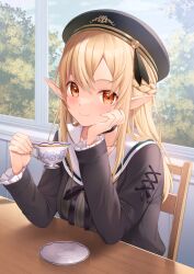 Rule 34 | 1girl, absurdres, black choker, black hat, black jacket, braid, cafe, choker, closed mouth, cup, dress, elbows on table, elf, french braid, frilled sleeves, frills, grey dress, hair ribbon, half updo, hat, highres, hio (hiohio0306), holding, holding cup, hololive, indoors, jacket, light blush, long hair, long sleeves, looking at viewer, multicolored hair, on chair, pinstripe dress, pinstripe pattern, pointy ears, ribbon, sailor collar, sailor dress, sailor hat, shiranui flare, shiranui flare (street), sidelocks, sitting, smile, solo, streaked hair, striped clothes, striped dress, teacup, upper body, vertical-striped clothes, vertical-striped dress, virtual youtuber, white sailor collar