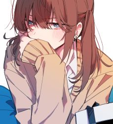 Rule 34 | 1girl, blue eyes, blush, bright pupils, brown hair, cardigan, covering own mouth, earrings, gift, highres, jewelry, long hair, long sleeves, looking at viewer, musshu (omu001), original, ring, simple background, solo, twintails, upper body, v-shaped eyebrows, white background, yellow cardigan