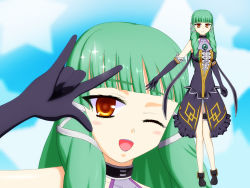 Rule 34 | artist request, dress, emeraude (tales of graces), green hair, hair ornament, long hair, smile, tales of (series), tales of graces, yellow eyes