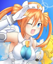Rule 34 | absurdres, armpits, bare shoulders, blue eyes, bodysuit, breasts, cloud, collar, from side, gloves, hair between eyes, hair rings, happy, hat, highres, large breasts, long hair, neptune (series), one eye closed, open mouth, orange hair, orange heart (neptunia), power symbol-shaped pupils, shin jigen game neptune vii, sky, symbol-shaped pupils, tennouboshi uzume, twintails, upper body, waving, wink, wochagashin