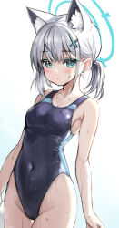 Rule 34 | 1girl, animal ear fluff, animal ears, black one-piece swimsuit, blue archive, blue eyes, breasts, collarbone, competition swimsuit, covered navel, cowboy shot, cross hair ornament, extra ears, grey hair, hair ornament, halo, highleg, highleg swimsuit, highres, looking at viewer, low ponytail, medium breasts, medium hair, minamura haruki, mismatched pupils, multicolored clothes, multicolored swimsuit, official alternate costume, one-piece swimsuit, shiroko (blue archive), shiroko (swimsuit) (blue archive), simple background, solo, swimsuit, white background, wolf ears