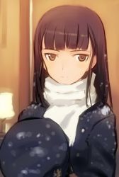 Rule 34 | 1girl, aged up, black hair, blunt bangs, brown eyes, commentary, hair down, hat, unworn hat, unworn headwear, jacket, light smile, long hair, sakamoto mio, scarf, shimada fumikane, solo, strike witches, world witches series