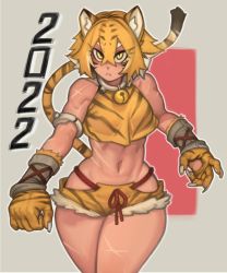 Rule 34 | 1girl, 2022, :&lt;, absurdres, animal ears, animal print, armlet, bare shoulders, bell, breasts, chinese zodiac, cowboy shot, cross scar, facial mark, hair between eyes, highres, jingle bell, kelvin hiu, midriff, navel, neck bell, new year, original, scar, scar on leg, scar on stomach, short hair, short shorts, shorts, small breasts, solo, standing, tail, tiger ears, tiger girl, tiger print, tiger tail, year of the tiger, yellow eyes