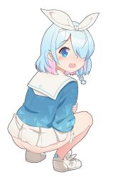 Rule 34 | 1girl, absurdres, arona (blue archive), ass, blue archive, blue eyes, blue hair, child, female focus, full body, highres, looking at viewer, merlt, panties, panty pull, simple background, solo, squatting, underwear, white background