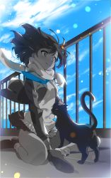 Rule 34 | 1girl, arutera, between legs, blazer, blouse, blue necktie, blue theme, cat, closed mouth, hand between legs, headpat, highres, jacket, miniskirt, necktie, open clothes, open jacket, original, outdoors, railing, rooftop, scarf, shirt, sitting, skirt, smile, solo, spot color, thighs, tsurime, wariza