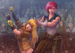Rule 34 | 2girls, absurdres, arcane: league of legends, arcane vi, battle, belt, blonde hair, blood, blue eyes, breasts, brown pants, cage fight, catfight, chain-link fence, cirenk, commission, crossover, crowd, fence, hair up, highres, injury, league of legends, long hair, medium breasts, mixed martial arts, multiple belts, multiple girls, muscular, muscular female, octagonal ring, pants, pink hair, prosthesis, prosthetic arm, purple eyes, rwby, sleeveless, striped, vertical stripes, vi (league of legends), yang xiao long