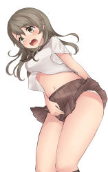 Rule 34 | 1girl, blush, breasts, brown eyes, brown hair, commentary request, embarrassed, hair between eyes, highres, holding, holding clothes, holding skirt, long hair, miniskirt, navel, neit ni sei, original, panties, panty peek, school uniform, shirt, simple background, skirt, solo, t-shirt, underwear, white background, wind, wind lift
