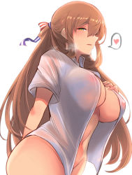 Rule 34 | 10eki (tenchou), 1girl, absurdres, arm behind back, blush, breasts, brown hair, cowboy shot, girls&#039; frontline, green eyes, groin, hair between eyes, hair ribbon, hair rings, hand on own chest, heart, highres, large breasts, long hair, looking at viewer, naked shirt, open clothes, open mouth, open shirt, ribbon, see-through, shirt, sidelocks, simple background, solo, spoken heart, springfield (girls&#039; frontline), thighs, white background, white shirt