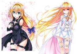 Rule 34 | 2girls, absurdres, alternate color, blonde hair, blush, bow, breast hold, breasts, corset, cosplay, covered erect nipples, crease, detached sleeves, embarrassed, glasses, green eyes, hair bow, hair ornament, highres, huge filesize, konjiki no yami, konjiki no yami (cosplay), large breasts, leg belt, long hair, looking at viewer, low-tied long hair, mother and daughter, multiple girls, official art, open mouth, red eyes, scan, skirt, skirt tug, sweatdrop, tearju lunatique, thigh strap, to love-ru, to love-ru darkness, very long hair, yabuki kentarou