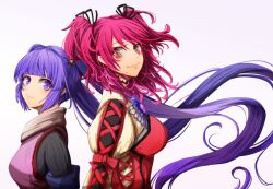 2girls absurdres black_ribbon blunt_bangs brown_eyes cheria_barnes closed_mouth from_side hair_ribbon highres light_blush long_hair multiple_girls nuru_himmel pink_hair purple_eyes purple_hair ribbon rotated simple_background smile sophie_(tales) tales_of_(series) tales_of_graces twintails upper_body very_long_hair white_background