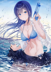 Rule 34 | 1girl, absurdres, bikini, bikini under clothes, blue bikini, blue eyes, blue hair, blue skirt, blue sky, breasts, cleavage, collarbone, collared shirt, cowboy shot, grin, hair between eyes, highres, holding, holding water gun, large breasts, long hair, looking at viewer, meen (ouaughikepdvrsf), navel, open clothes, open shirt, original, outdoors, partially submerged, pleated skirt, school uniform, shirt, skirt, sky, smile, solo, string bikini, swimsuit, toy gun, water, water gun, white shirt