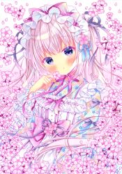 Rule 34 | 1girl, :o, apron, black ribbon, blue kimono, blush, bonnet, bow, commentary, floral print, flower, frilled apron, frills, hair ribbon, highres, holding, holding flower, japanese clothes, kimono, lolita fashion, long hair, looking at viewer, marker (medium), original, parted lips, pink bow, pink flower, pink hair, pink theme, purple eyes, puu (kari---ume), ribbon, simple background, solo, symbol-only commentary, traditional media, two side up, wa lolita, white apron, white background