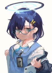 Rule 34 | absurdres, aqua-framed eyewear, blue archive, blue hair, blue necktie, chihiro (blue archive), collared shirt, eyelashes, glasses, green eyes, hair between eyes, hair ornament, hairpin, halo, highres, id card, jacket, long sleeves, looking at viewer, mechanical halo, necktie, removing jacket, shirt, short hair, simple background, soyly 4, sweat, uniform, upper body, white background