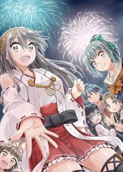 Rule 34 | 10s, 6+girls, :d, akatsuki (kancolle), ayanami (kancolle), bare shoulders, black hair, blunt bangs, bow, brown eyes, brown hair, detached sleeves, double bun, dutch angle, fireworks, frilled skirt, frills, gradient background, grey hair, hair bow, hair bun, haruna (kancolle), high ponytail, highres, houshou (kancolle), japanese clothes, kantai collection, lace, lace-trimmed legwear, lace trim, long hair, long sleeves, looking at viewer, multiple girls, naka (kancolle), nontraditional miko, open mouth, outstretched hand, pleated skirt, purple hair, red skirt, remodel (kantai collection), ribbon-trimmed sleeves, ribbon trim, sailor collar, school uniform, serafuku, side ponytail, skirt, smile, symmetrical hand pose, thighhighs, v over eye, yukiharu, yuubari (kancolle), zettai ryouiki