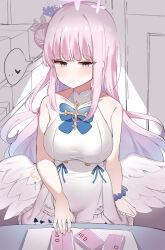 Rule 34 | 1girl, absurdres, angel wings, blue archive, blue bow, bow, breasts, buying condoms, condom, condom box, doldol (rkwowlqrp), dress, flower, frilled dress, frills, hair bun, hair flower, hair ornament, heart, highres, large breasts, long hair, looking at viewer, low wings, mika (blue archive), pink hair, school uniform, scrunchie, single hair bun, sleeveless, sleeveless dress, solo, speech bubble, standing, upper body, very long hair, white dress, wings, wrist scrunchie, yellow eyes