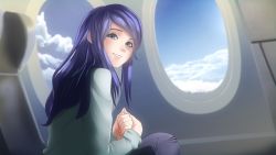 Rule 34 | 1girl, aircraft, airplane, airplane interior, artist request, blue eyes, blue hair, blue sky, blush, cloud, cloudy sky, dark blue hair, day, everlasting summer, from side, game cg, grey shirt, highres, lips, long hair, long sleeves, looking to the side, parted lips, samantha reed smith, shirt, sitting, sky, smile, solo, upper body, window