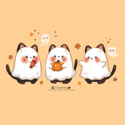 Rule 34 | 23yueliang, animal ears, animal focus, black cat, black fur, blush, candy, cat, cat ears, cat tail, closed mouth, food, ghost, halloween, halloween costume, happy halloween, highres, open mouth, orange background, original, pumpkin, simple background, surprised, tail