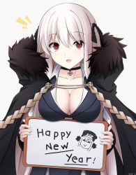Rule 34 | 1girl, :d, black cape, black choker, black dress, black ribbon, breasts, cape, choker, cleavage, collarbone, commentary request, cross, dress, fur-trimmed cape, fur trim, girls&#039; frontline, grey background, hair between eyes, hair ribbon, happy new year, highres, holding, holding sign, iron cross, jewelry, kar98k (girls&#039; frontline), keenh, long hair, long sleeves, looking at viewer, medium breasts, new year, notice lines, open mouth, red eyes, ribbon, ring, sign, sleeves past wrists, smile, solo, upper body, wedding band, white hair, wings