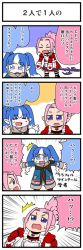Rule 34 | 2girls, 4koma, ^^^, apron, warrior of light (ff14), bkub (style), blue coat, blue eyes, blue hair, blunt bangs, blush, bow, closed eyes, coat, comic, commentary request, emphasis lines, fakkuma, fictional persona, final fantasy, final fantasy xiv, hair bow, heart, heart necklace, holding, holding lance, holding polearm, holding weapon, jewelry, lalafell, lance, looking down, multicolored hair, multiple girls, necklace, open mouth, pink hair, pointy ears, polearm, red shirt, scrunchie, shirt, short hair, shouting, sidelocks, simple background, speech bubble, sweatdrop, talking, translation request, twintails, two-tone background, two-tone hair, two side up, weapon, white hair, white scrunchie
