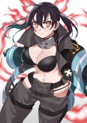 Rule 34 | 1girl, absurdres, baggy pants, bikini, black bikini, black coat, black footwear, black hair, blush, boots, breasts, cleavage, clenched hand, coat, collar, collarbone, commentary, cowboy shot, en&#039;en no shouboutai, fiery ears, fiery tail, fire, frown, gloves, grey pants, hair between eyes, highres, hip vent, kameno sachi, large breasts, long hair, long sleeves, looking at viewer, metal gloves, midriff, navel, open clothes, open coat, pants, sidelocks, simple background, solo, standing, standing on one leg, swimsuit, tail, tamaki kotatsu, twintails, v-shaped eyebrows, white background, yellow eyes