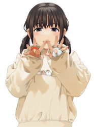 Rule 34 | 1girl, :d, animal, animal in clothes, bird, blush, brown eyes, brown hair, long sleeves, low twintails, mattaku mousuke, open mouth, original, short hair, short twintails, simple background, smile, solo, sweater, twintails, twitter username, upper body, white background, yellow sweater