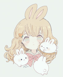 Rule 34 | 1girl, :&lt;, animal ears, ayu (mog), blonde hair, bow, bowtie, closed mouth, grey background, hair ornament, hairclip, highres, long hair, looking at viewer, original, portrait, rabbit, rabbit ears, rabbit girl, red bow, red bowtie, signature, simple background, solo, yellow eyes