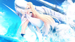 Rule 34 | 1girl, bare shoulders, blonde hair, breasts, closed eyes, cloud, daiaru, day, detached sleeves, floating hair, from side, full body, hands together, hands up, highres, japanese clothes, large breasts, legs, legs together, long hair, no bra, ocean, open mouth, original, revealing clothes, see-through, senhime bad ending after, sky, standing, thighs, very long hair, water, wide sleeves