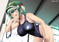 Rule 34 | 1girl, black one-piece swimsuit, blue eyes, blue hair, blush, breasts, cleavage, cloud, competition swimsuit, cowboy shot, flat cap, goggles, green hat, hair bobbles, hair ornament, hat, highleg, highleg swimsuit, highres, kagiyama shachou, kawashiro nitori, leaning forward, lens flare, looking at viewer, medium breasts, medium hair, one-piece swimsuit, outdoors, sidelocks, sky, solo, sun, sweat, swimsuit, touhou, two side up, unworn goggles
